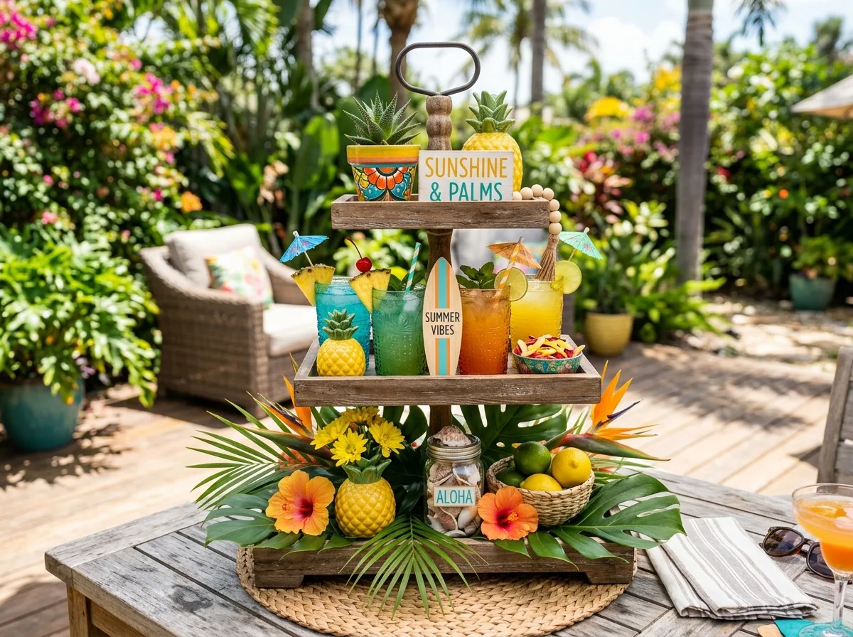 Tropical Summer Tray Setup for 10 summer tiered tray decor ideas for a fresh home look